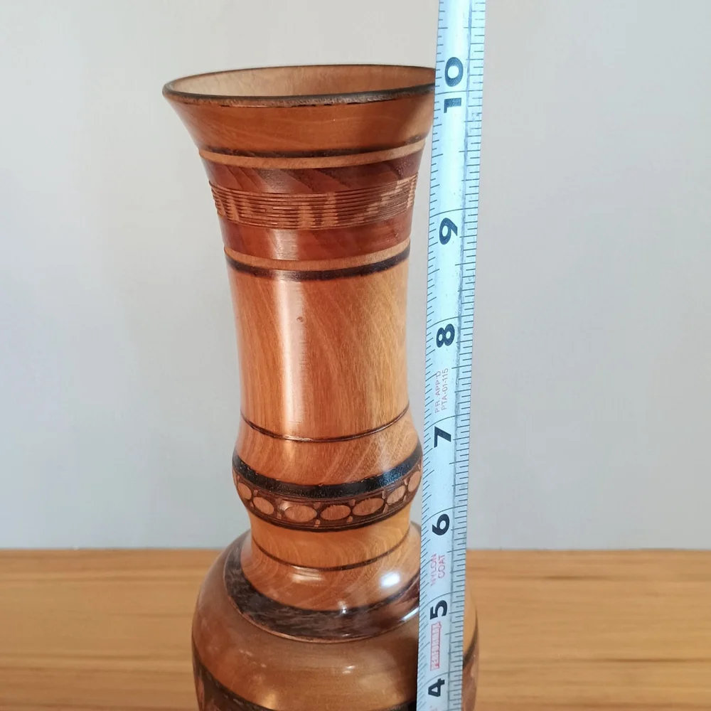 Vintage Hand Carved Cozumel Wood Vase Floral Design Mexican Folk Art 10